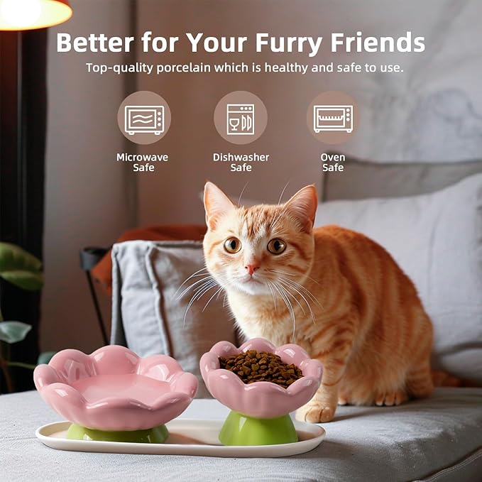 DIF DECO Ceramic Raised Cat Bowl, Pink Elevated Food Bowls for Food and Water Protecting Spine and Whiskelfriendly,Tulip Shape Cute Pet Feeder Dish for Indoor Cats and Small Doas(Height 4.1 inch)