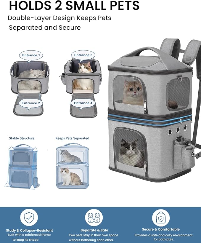 HOVONO Detachable Double Pet Carrier Backpack for Cats and Small Dogs, Cat Travel Carrier for 2 Cats(Up to 16 lbs Each), Perfect for Traveling/Hiking/Camping, Grey