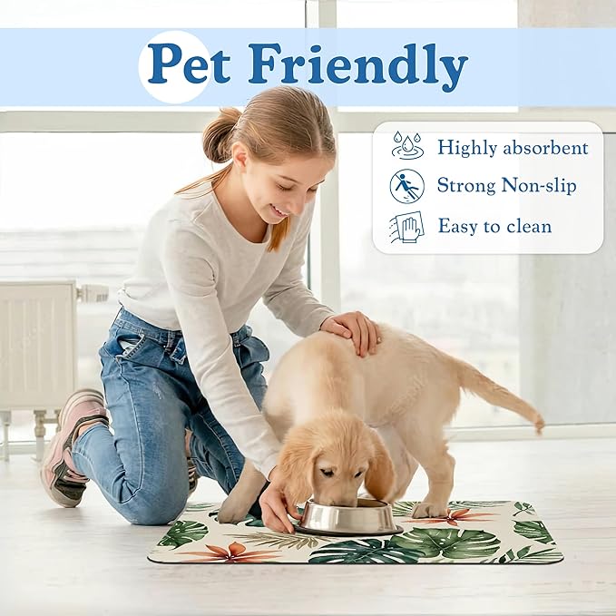 Boho Tropical Palm Pet Feeding Mat–Quick Dry Absorbent Dog Cat Food Mat, Non Slip Waterproof Bowl Placemat for Messy Eaters, Pet Accessories for Floors 12"x20"