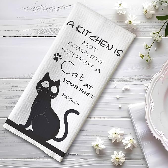 Cat Kitchen Towels - Quick-Dry 'Essential Kitchen Companion' Hand Cloth, Decorative Hand Towel Featuring Upward-Looking Black Feline Art for Pet Moms & Devotees | Home Accent & Crazy Cat Lady Gifts