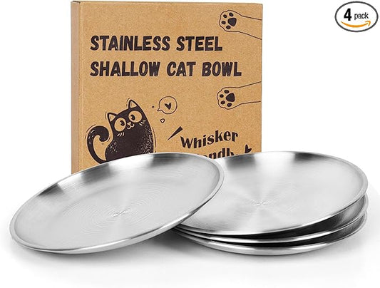 4-Pack Stainless Steel Cat Food Bowls, Shallow Whisker-Friendly Non-Slip Silicone Base Metal Dishes, Easy to Clean Indoor Feeding Flat Plates for Cat, Kitten, Small Dog (6.7")