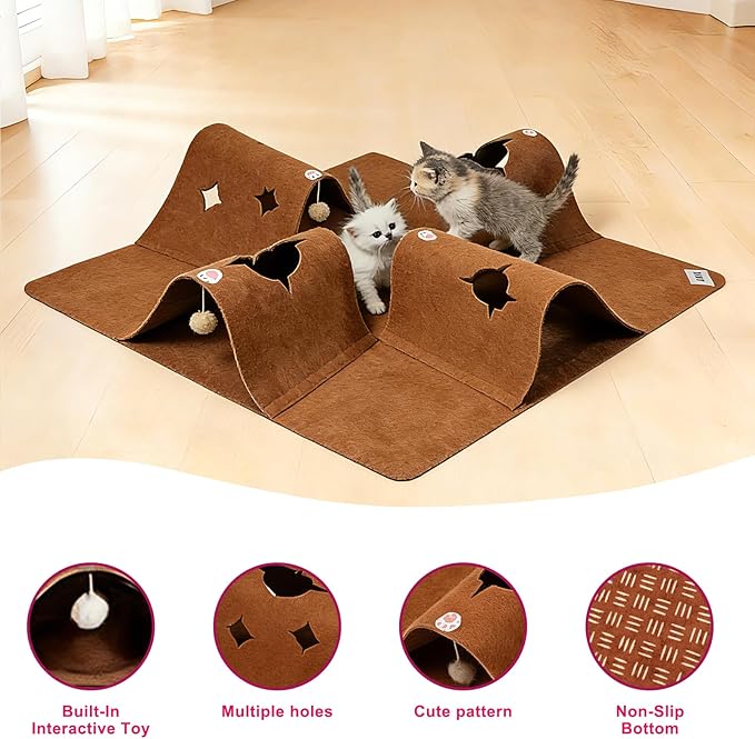 Cat Tunnel Play Mat for Indoor Cats, Felt Interactive Pet Toy with Hidden Ball, Enrichment Activity Rug, Collapsible Cave for Kittens & Small Pets (Brown)