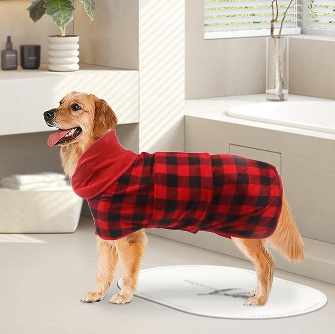 Geyecete Dog Drying Coat - Fast Drying Dog Bath Robe Towel - Microfibre Super Absorbent - Red Black Grid - M