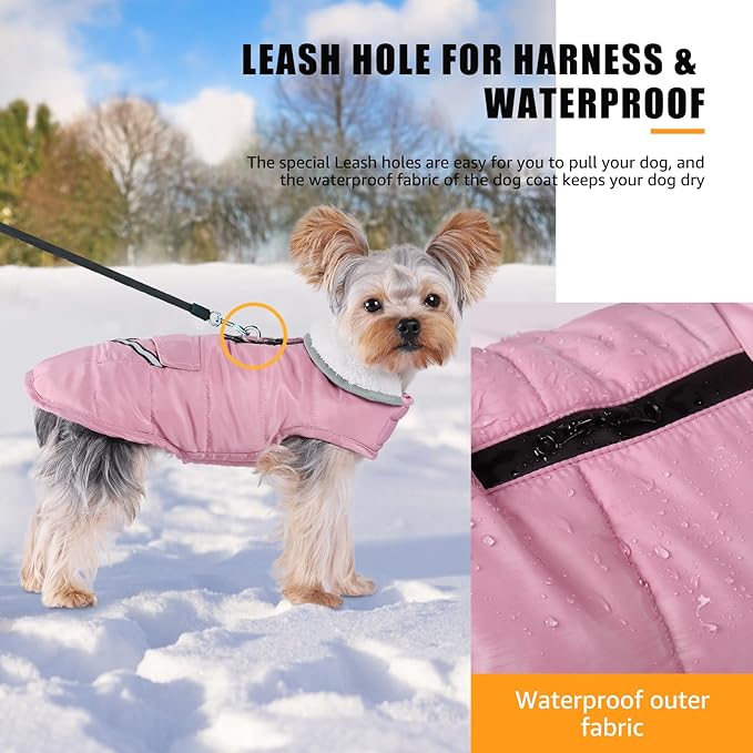 Dog Winter Coat for Extra Small Dogs, Easy on XS Dog Snow Jacket Velcro Waterproof Pet Puffer Clothes with Harness Hole Adjustable Reflective Quilted Dog Cold Weather Vest for Girl 8-12 Pounds