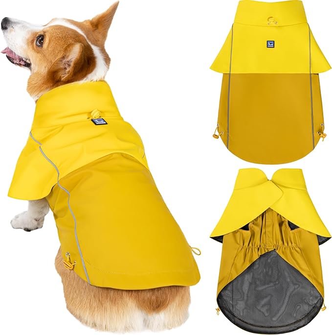 LOWRIDER Dog Raincoat- Adjustable Waterproof, Windproof, and Lightweight All Weather Rain Jacket and Poncho with Reflective Stripes, Yellow (Medium)