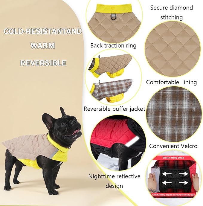 Dog Winter Coat for Large Dogs,Warm Reversible Puffer Jacket Lightweight Pet Vest Snowsuit with D-Ring,Waterproof Dog Cold Weather Coats Small to Large Breed Dogs Clothes,Yellow,XL