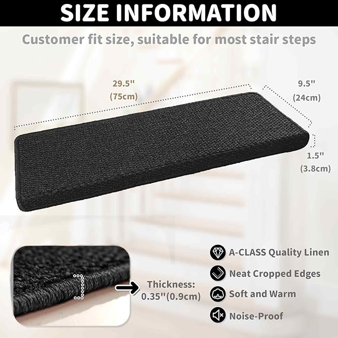 Brakki Bullnose Carpet Stair Treads, Non Slip for Wooden Steps Indoor, Runner, Soft Rugs for Pets, Edging Protectors, Washable, 29.5"x9.5"x1.5" 14pcs, Black