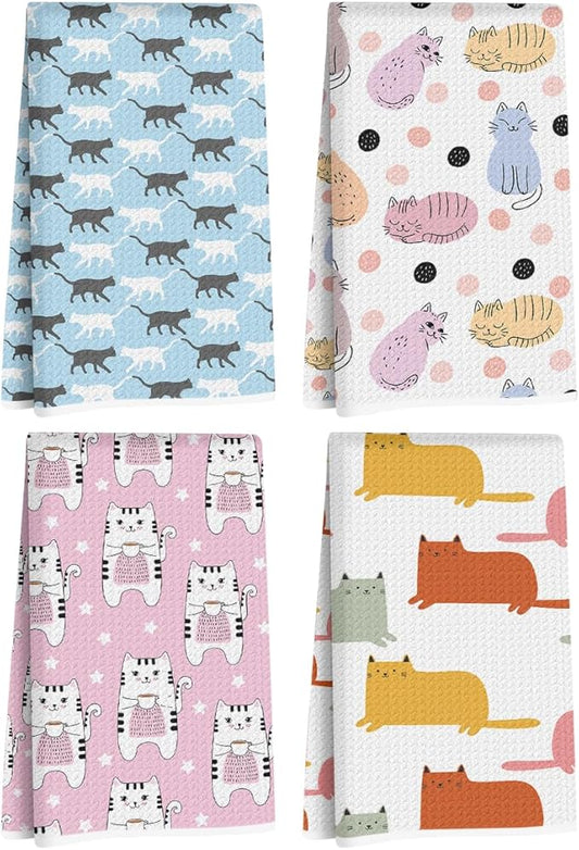 Hanamiya Na 4Pcs Cute Cat Kitchen Towels, Whimsical Decorative Absorbent Microfiber Dish Cloth Tea Towel, Durable Hand Towels for Farmhouse Home Bathroom, Cat Lover Gifts 2