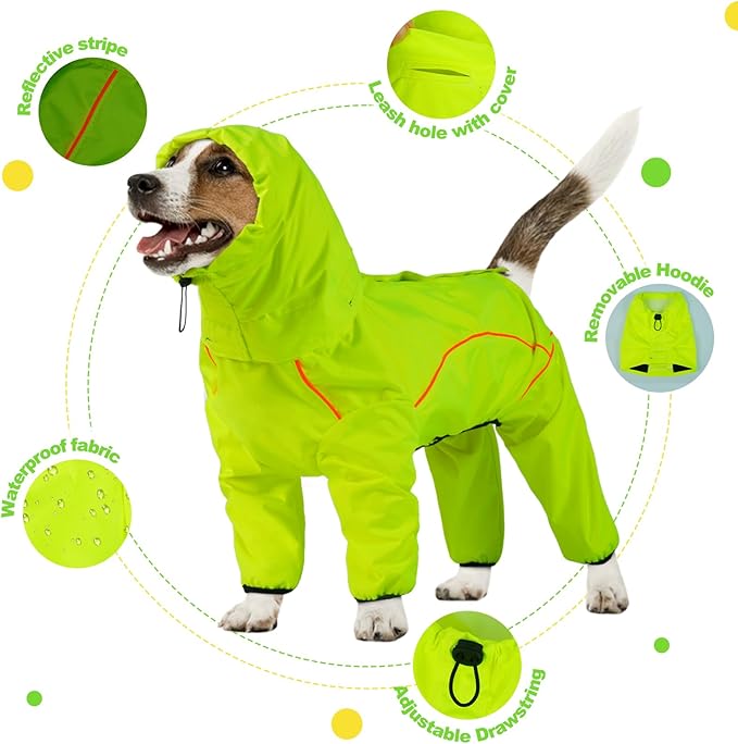 Dog Raincoat, Waterproof Dog Rain Jacket with Removable Hood，Adjustable 4 Legs Pet Poncho with Leash Hole，Reflective Stripe Hooded Snowproof Windproof Clothes for Small to 3X-Large Dogs, XL