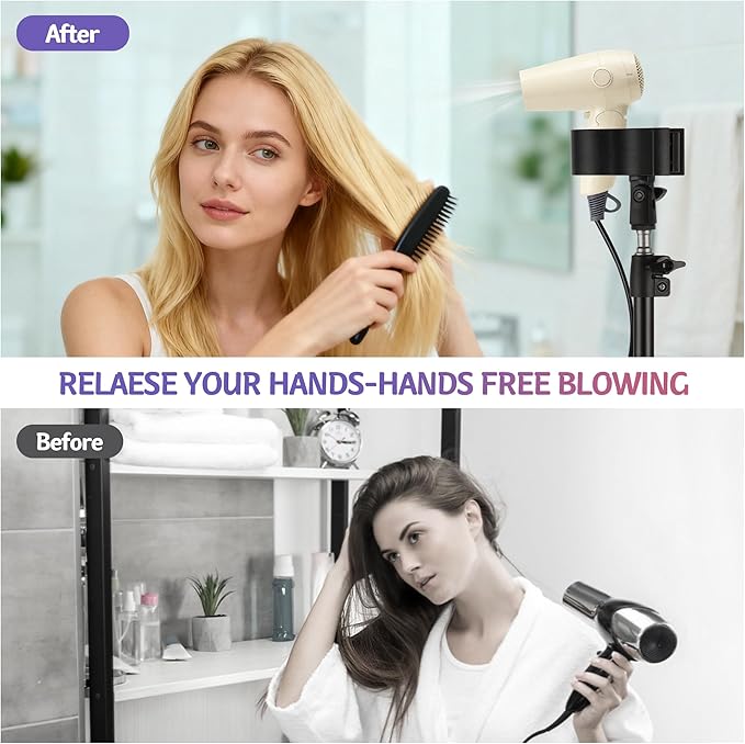 Hands-Free Hair Dryer Stand for Home Blow Drying, DIY Styling, Salon&Live Streaming Ideal for Long Hair Women Busy Moms People with Arm Shoulder Pain 30-62 Inch Adjustable Height Tripod, 360° Rotation