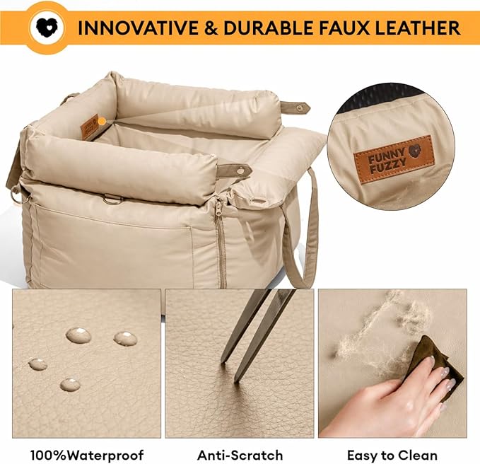 FUNNYFUZZY Luxury Dog Car Seat for Small Medium Dogs Under 35 lbs, Waterproof Leather Pet Booster Seat with Safety Leash & Anti-Slip Base, Fully Padded Dog Car Bed, Portable Puppy Carrier(Khaki)