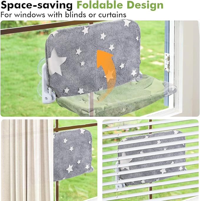 Zoratoo Cat Window Perch, Glow in The Dark Cordless Foldable Pet Hammock Bed for Window with Sturdy Metal Frame, Glowing Stars Pattern Resting Seat for Indoor Cats (Stars - M)