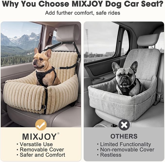 MIXJOY Dog Car Seat for Small/Medium Dogs up to 25 lbs, Multi-Functional Dog Carrier for Car with Detachable Washable Cover, Pet Travel Bed with Clip-On Safety Leash, Brown