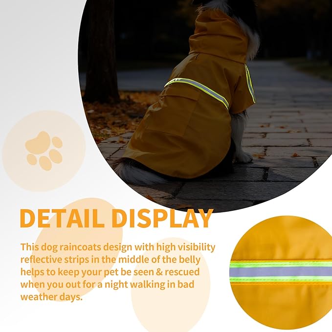 Dog Raincoat, Waterproof Windproof Dog Rain Jacket Adjustable, Rain Coat with Leash Hole, Reflective Strap Raincoat Poncho for Small Medium Large Dogs Outdoor (Reflection-Yellow, XXS)