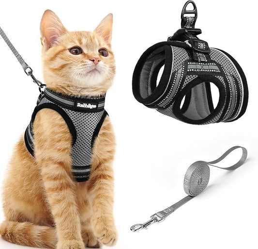 rabbitgoo Cat Harness and Leash, Step-in Escape Proof Kitten Harness Set, Soft Comfortable Cat Vest, Easy to Wear and Adjust, Reflective for Safe Outdoor Walking, Grey, Medium