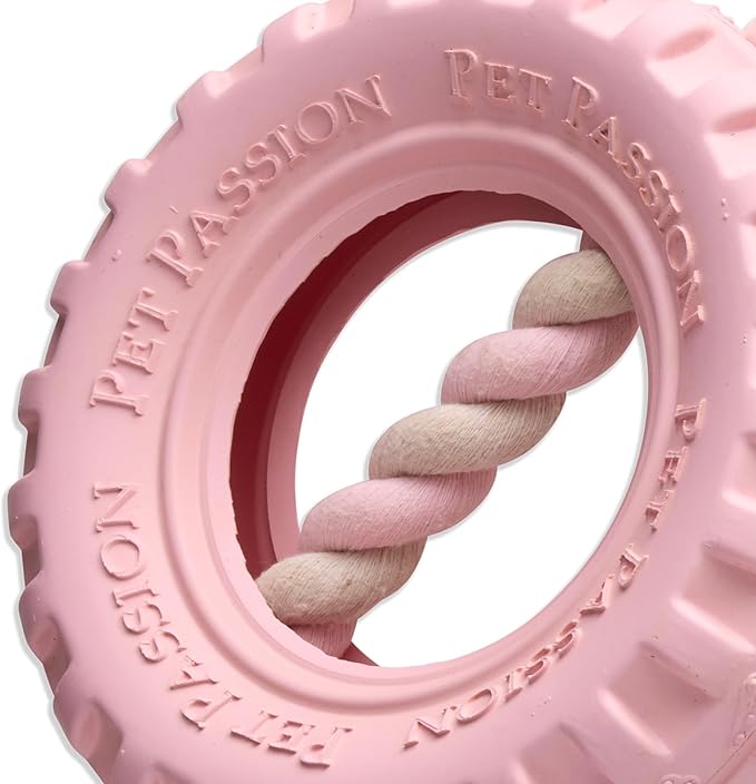 Pet Passion Natural Rubber Tire and Organic Cotton Rope Pull and Chew Dog Toy for All Pet Breeds, Blush, Large