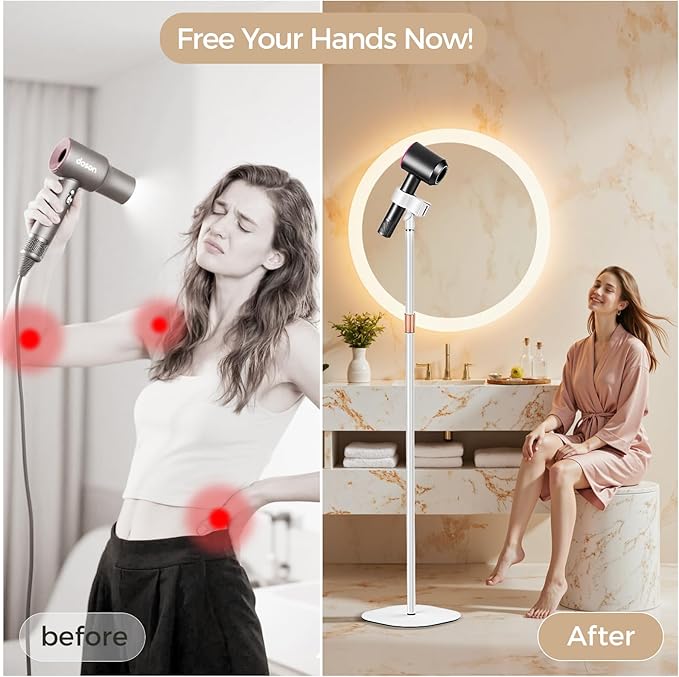 Hair Dryer Stand, 1.68M Height Adjustable Blow Dryers Holder, Ultra Stable Holder with 360° Rotating, Universal Clips, Work with All Dryer, Floor Dryer Stand for Salons or Home Use(White)
