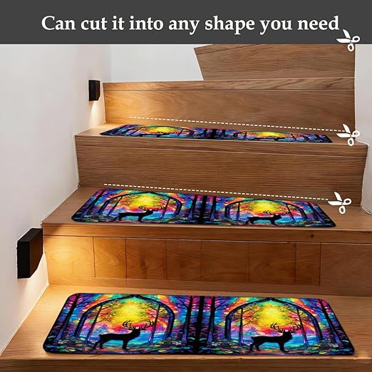 Animal Colorful Deer Stair Treads for Wooden Steps Indoor Washable Staircase Carpet 1PCS 30"x7.8" Stair Step Treads Non-Slip Staircase Covers Peel and Stick Safety Mat for Kids Elders Pets