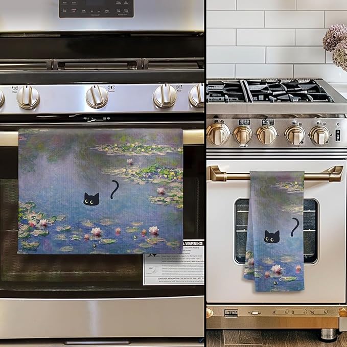 Black Cat Kitchen Towels - Quick-Dry Decorative Hand Towel for Art Enthusiasts & Cat Lovers | Vintage Masterpiece Water Lilies Dish Towels for Whimsical Home Accent,Unique Christmas Home Decorations
