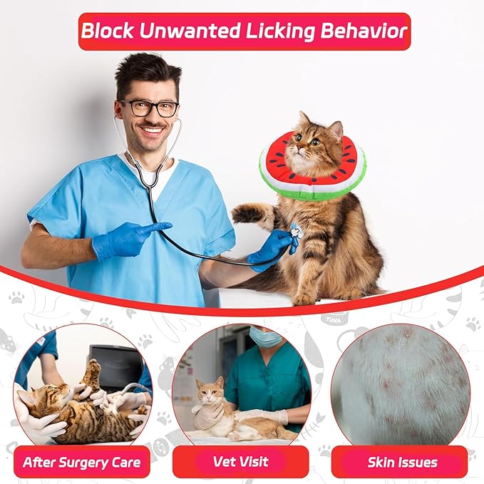 Seyezo Cat Cone Collar Soft, Adjustable Cat Recovery Collars Kitten Cones to Stop Licking, Cute Donut E Collar After Surgery, Anti-Lick Protective Elizabethan Collar for Kittens (Watermelon, Small)