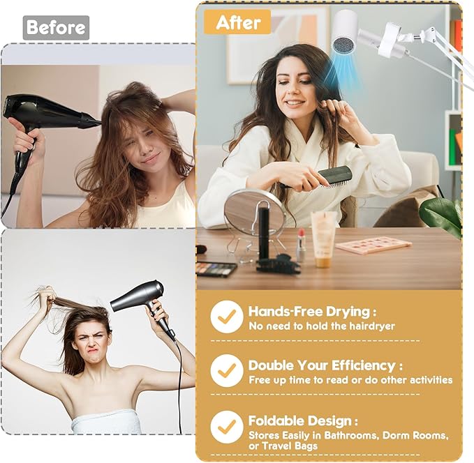 Dog Hair Dryer Holder,Blow Dryer Stand for Dog,Hands-Free 360° Rotating Pet Grooming Table Blow Dryer Stand with Adjustable Arm,Dog Tabletop Hair Dryer（White）