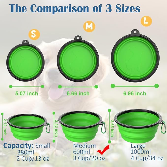 Collapsible Dog Bowls [2 Pack] 20 oz, Travel Dog Bowls, Pet Bowl Portable Foldable Water Food Feeding Dishes with Carabiner Clip for Traveling Hiking Walking-Black & Green