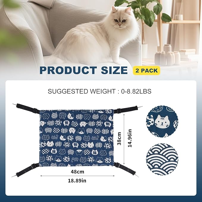 BCHARYA 2 Pieces Cat Hammock for Cage Hanging Reversible, Soft Pet Cage Hammock with Adjustable Straps, Double Hammock Suitable for Cats, Puppy, Ferrets, and Small Animals (M, CAT) ﻿