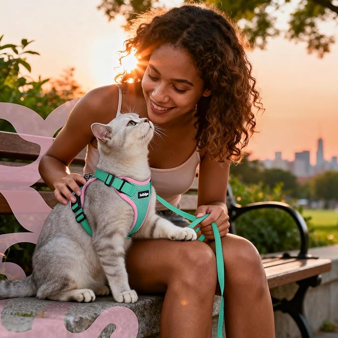 rabbitgoo Cat Harness and Leash Set, Escape Proof Kitten Harness for Safe Outdoor Walks, Soft Breathable Adjustable Vest with Reflective Strips for Kittens and Extra Small Cats, Green & Pink, XXS
