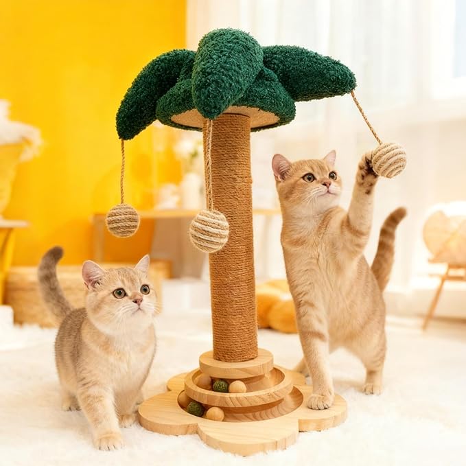 Cat Scratching Post, Sisal Cat Scratcher Posts with Interactive Trackball Toys for Indoor Cats, 19.6" Tall Scratch Tree Tower for Kitten, Flower Base
