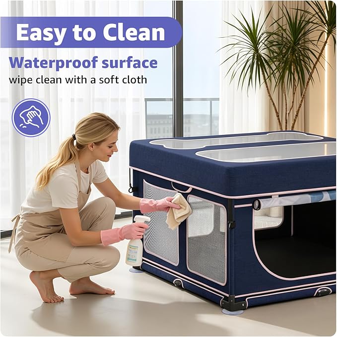 LOOBANI Foldable Whelping Box for Dogs and Puppies: 1 Min Setup Pet Puppy Playpen Indoor with Cover & Waterproof Bottom, Portable Birthing Box for Dog Cat Duck-43.3"x43.3"x27.1"│Patented (Blue+Pink)