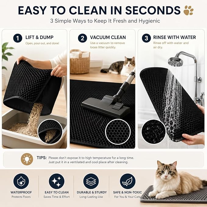 Cat Litter Box Mat Double Layer Trapping Mat Easy-Clean Waterproof Urine Proof(Black 30x22in)