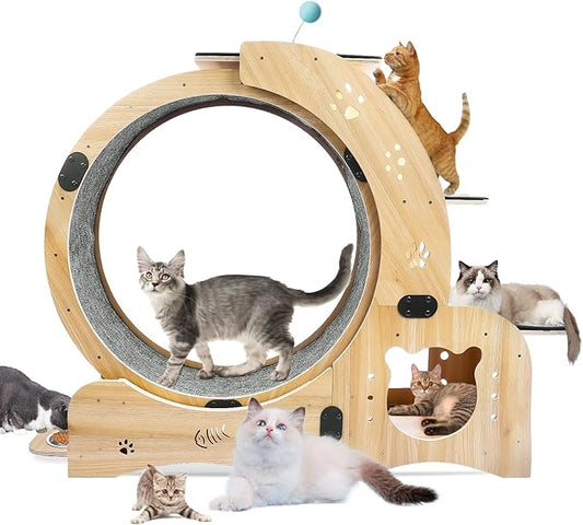 6-in-1 Cat Exercise Wheel – Indoor Silent Running Treadmill for Large Cats, Pet Walking Wheel, Furniture, House, Stand, Bowl, Toy, Wood, 44LB Capacity