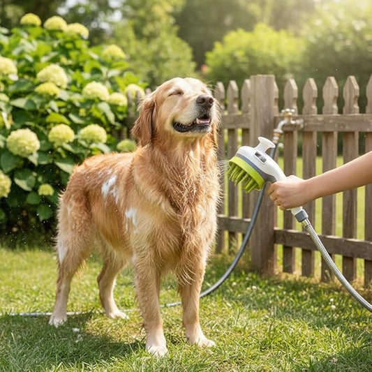 3-in-1 Pet Bathing Shower Head with Soft Massage Bristles – One-Touch Spray Control, Anti-Splash Guard & Non-Slip Handle for Dogs & Cats, Fits Standard Faucets & Garden Hoses (ivory white)