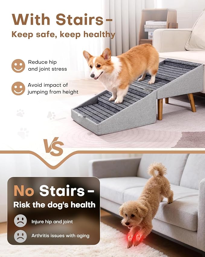 17.13" H Split Ottoman Dog Ramp for Couch and Bed, Non Slip Dog Stairs for Small Medium Large Dogs Cats Puppy, Joint Support 2 in 1 Foldable Wooden Pet Steps for Senior/Injured Dogs, Space Saving