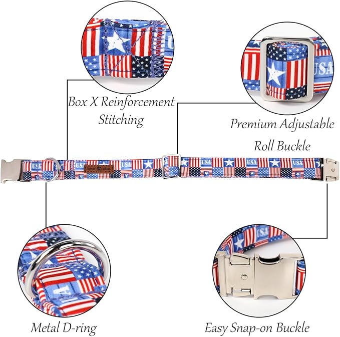 Lionet Paws 4th of July Dog Collar with Bowtie, Cute Summer Dog Collar for Girl for Medium Dogs, Adjustable Cotton USA Flag Pet Collars for Small Medium Dogs