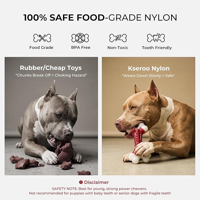 Kseroo 2-Pack Dog Toys for Aggressive Chewers Medium/Large Breed, 8-Inch Solid Nylon Dog Chew Bones, Beef Flavored Tough Dog Toys for 20-90lb Dogs, Red