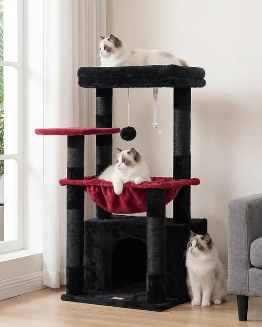 Heybly Cat Tree, Kitten Tower with Large Soft Cat Basket,Cat Condo with Spacious Cat Bed Cave with Hidden Space，Sisal-Covered Scratching Posts,Dangling Ball for Indoor Cats, Black and Red HCT008SBR