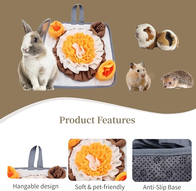Rabbit Foraging Mat Bunny Enrichment Toys for Small Animals, Snuffle Mat with Anti-Slip Bottom, Slow Feeder Treat Dispenser for Bunnies, Guinea Pigs, Hamsters, Chinchillas, Hedgehog