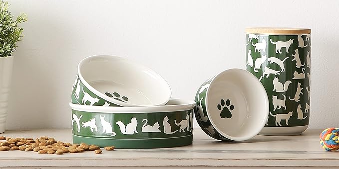 Bone Dry Ceramic Cat Bowls, Microwave & Dishwasher Safe, Medium Set, 6x2, Hunter Green, 2 Count