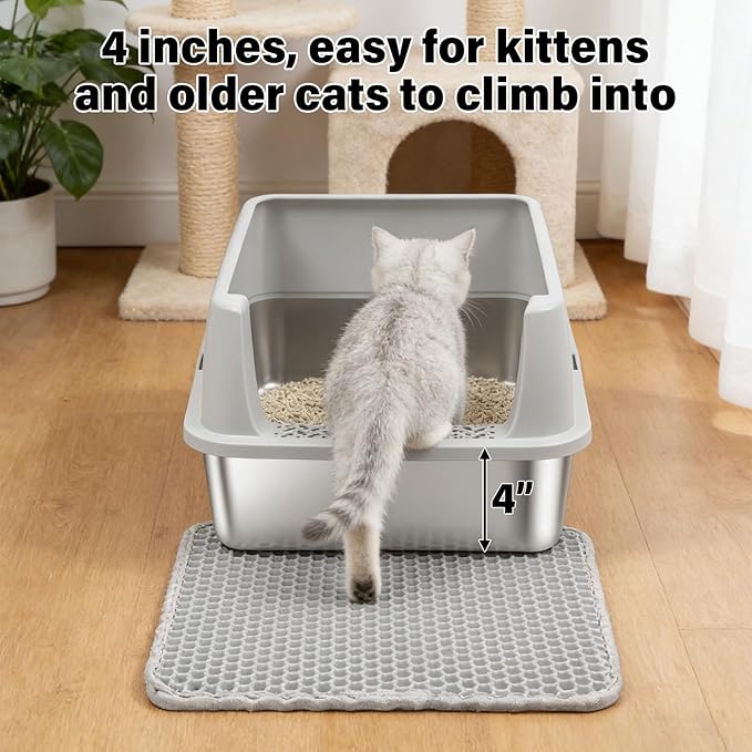 Stainless Steel Litter Box with Lid,Metal Kitty Litter Box for Small to Medium Cats,Low Entry Cat Litter Box with Scoop and Mat,Non-Stick,Anti-Leakage,Easy to Clean
