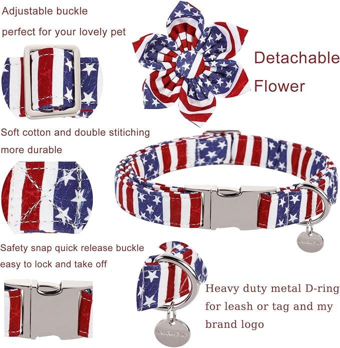 Dog Collar with Flower, 4th of July Comfortable Cotton Dog Collar, American Flag Collar for X-Large Girl Dog, Patriotic Flower Collar with Metal Buckle, XL