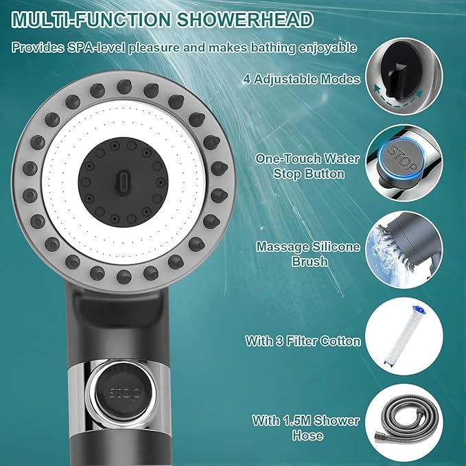 High Pressure Shower Head, 4 Spray Mode High Pressure Filtered Showerhead with 59 Inch Hose and Holder, Massage Handheld Shower Head and Hose Set with Pause Switch for Pets Bath-Remove Chlorine (Gray)