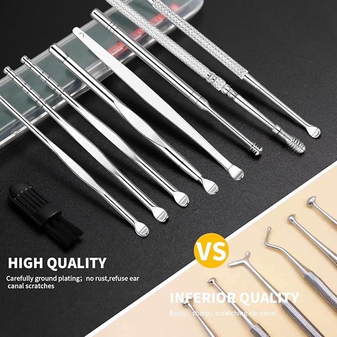 9 Pcs Ear Pick Earwax Removal Kit, Ear Cleansing Tool Set, Ear Wax Removal Tool, Ear Curette Ear Wax Remover Tool with a Cleaning Brush and Storage Box, Medical Grade, for Children and Adults,Silver