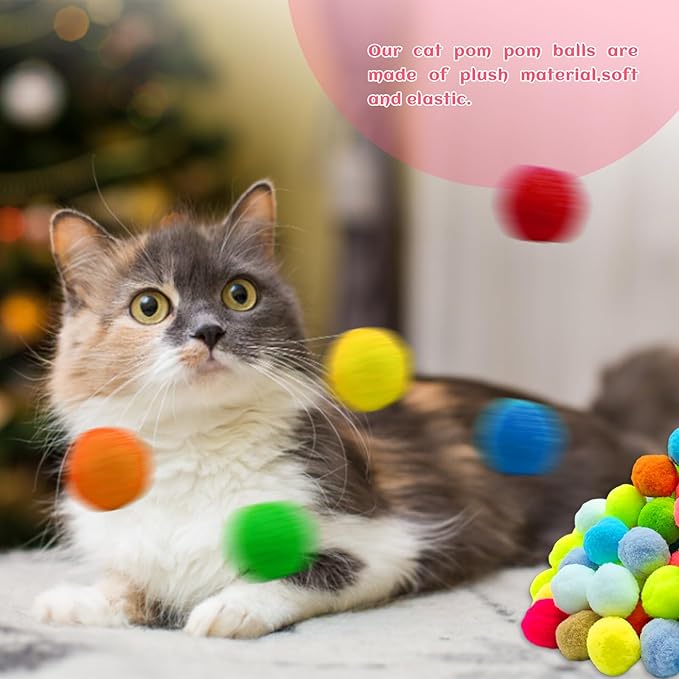 Jgalnim 100 Cat Pom Pom Balls &2 Cat Toy Launchers,Cat Toys Ball Launcher,Launch Ball Cat Fetch Toy,Interactive Cat Toy Balls for Kitty Gifts