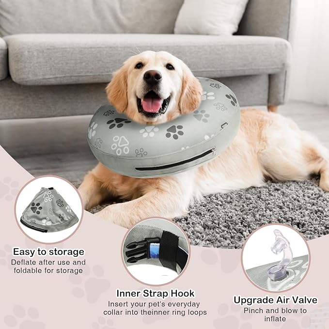 SCENEREAL Dog Cone Alternative After Surgery Donut Collar, Soft Pet Recovery Pillow Collar for Medium Large Dogs, Inflatable Adjustable Neck Collars to Prevent Licking, Grey Footprints L