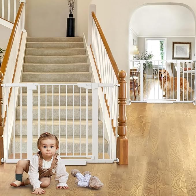Cumbor 2 Pack 30-46" Baby Gate for Stairs, Mom's Choice Awards Winner-Auto Close Dog Gate for doorways, Easy Install Pressure Mounted Pet Gates Indoor, Easy Walk Thru Wide Safety Gate for Dog, White