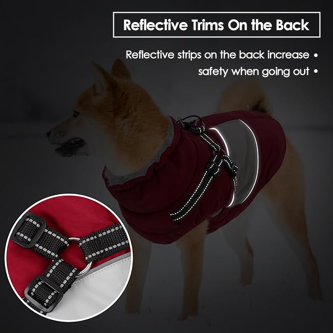 Small Dog Coat with Harness Built in, Warm Dog Jacket Winter with Zipper On Back, Waterproof Pet Snow Jacket Snowsuit Pet Sweater Clothes for Schnauzer, Yorkshire Terrier, Burgundy S