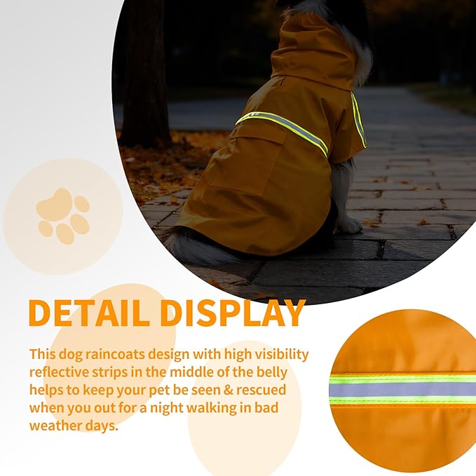 Dog Raincoat, Waterproof Windproof Dog Rain Jacket Adjustable, Rain Coat with Leash Hole, Reflective Strap Raincoat Poncho for Small Medium Large Dogs Outdoor (Reflection-Orange, L)
