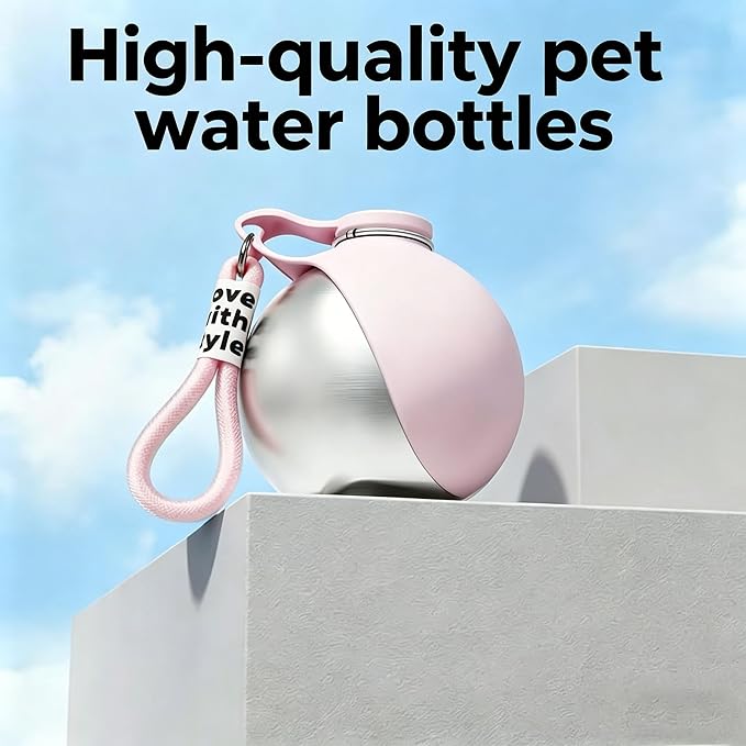 Portable Dog Water Bottle, 304 Stainless Steel Foldable Pet Water Cup, Leak-Proof Travel Water Dispenser with Foldable Silicone Bowl, 285ml Large Capacity for Dogs Cats Outdoor Walking Hiking