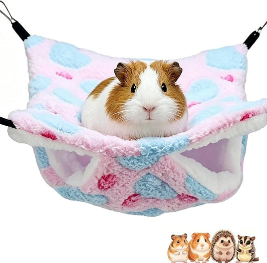 Guinea Pig Ferret Hammock for Cage - Machine Washable Double-Decker Hanging Bed - Fits Sugar Glider,Fancy Rat,Hamster,Gerbil - 13.3" x 13.3" - Love Pink Pattern